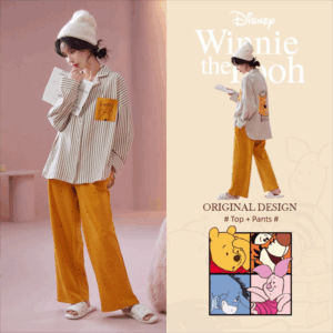 Disney Winnie the Pooh striped pajamas for women, pure cotton spring and autumn cardigan long-sleeved set, cartoon cute home wear