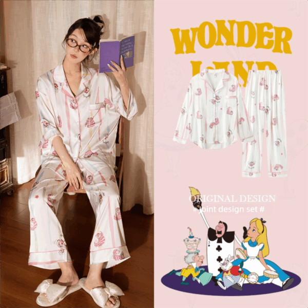 Disney Mary Cat Pajamas for spring and summer, long-sleeved casual ice silk outerwear for home wear