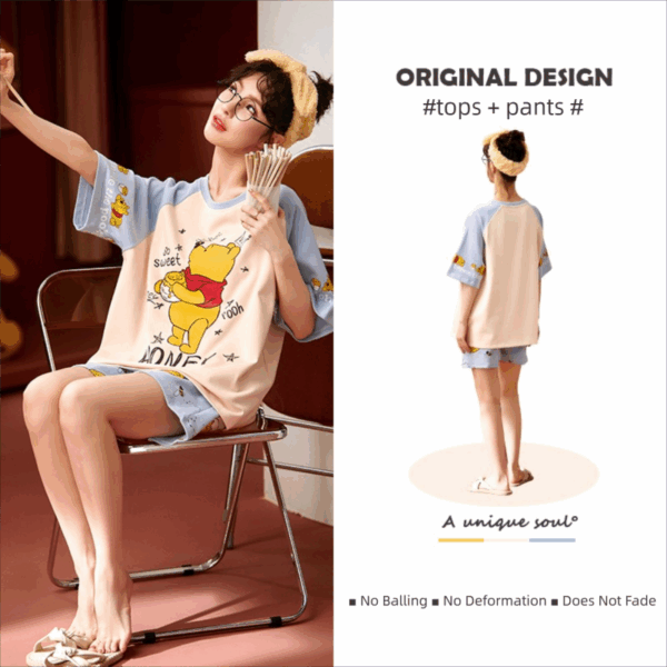 Disney Winnie the Pooh summer pure cotton short-sleeved home suit for pajama women can be worn on the outside