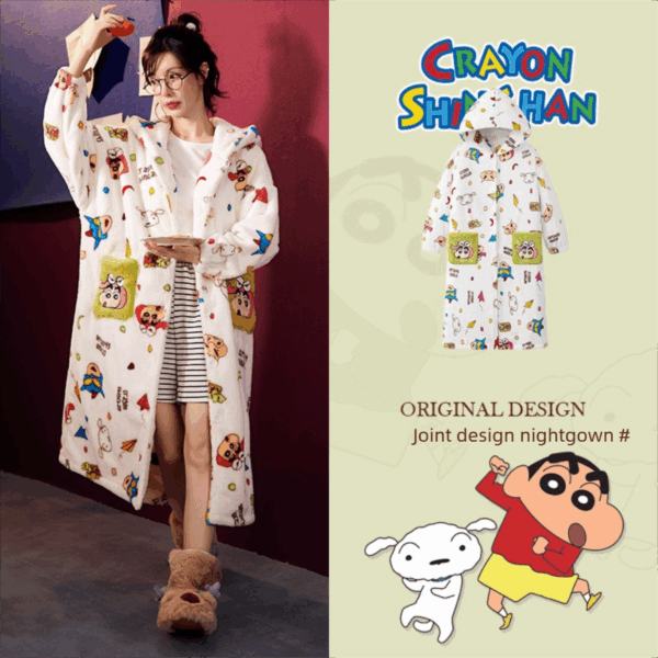 Crayon Shin-chan Coral fleece couple pajamas, women's autumn and winter warm bathrobes, home wear