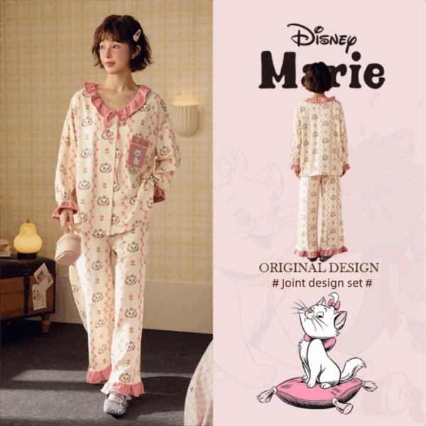 Disney Mary Cat Pajamas for women, Spring and Autumn, pure cotton long-sleeved cartoon home wear set