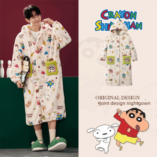 Crayon Shin-chan Coral fleece couple pajamas, women's autumn and winter warm bathrobes, home wear