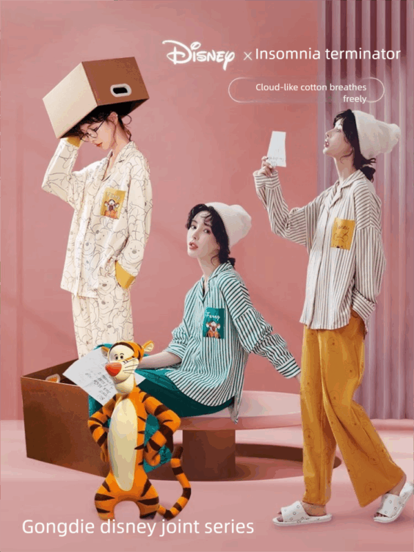 Disney Winnie the Pooh striped pajamas for women, pure cotton spring and autumn cardigan long-sleeved set, cartoon cute home wear