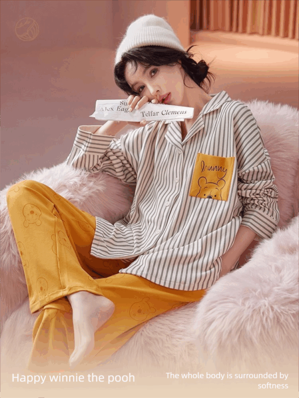 Disney Winnie the Pooh striped pajamas for women, pure cotton spring and autumn cardigan long-sleeved set, cartoon cute home wear