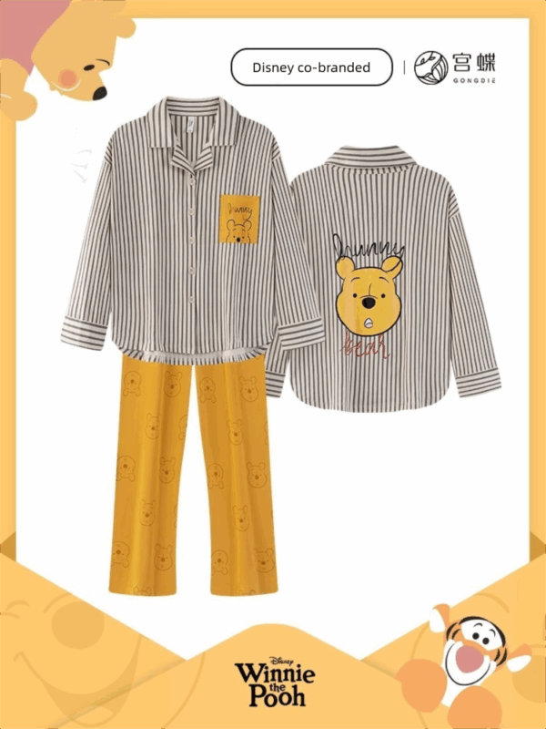 Disney Winnie the Pooh striped pajamas for women, pure cotton spring and autumn cardigan long-sleeved set, cartoon cute home wear