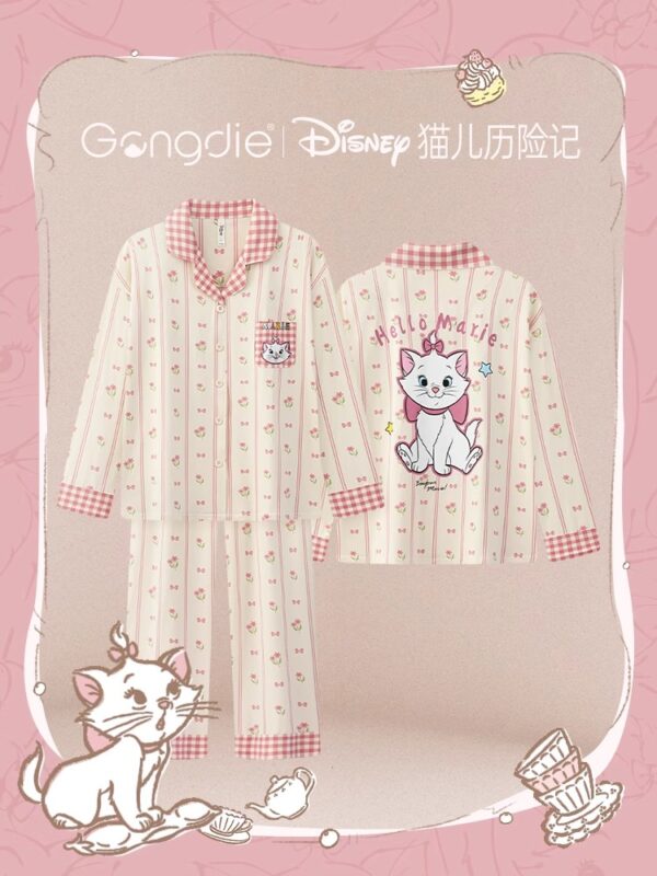 Disney Mary Cat Pajamas for women, Spring and Autumn, pure cotton long-sleeved cartoon home wear set