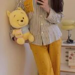 Disney Winnie the Pooh striped pajamas for women, pure cotton spring and autumn cardigan long-sleeved set, cartoon cute home wear photo review